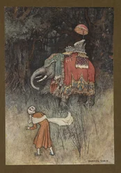 Tablica 8: „Nagle słoń przepięknie ubrany na swojej drodze”, z Folk-Tales of Bengal ... Z 32 kolorowymi ilustracjami Warwicka Goble (Edition de luxe)