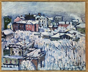 Zimowy dzień. Bulwar Smoleński (Moskwa). (Zimowy dzień. Bulwar Smoleński). Krajobraz miejski, pokryty śniegiem. Obraz Wassily Kandinsky (lub Wassily Kandinski lub Kandinskij