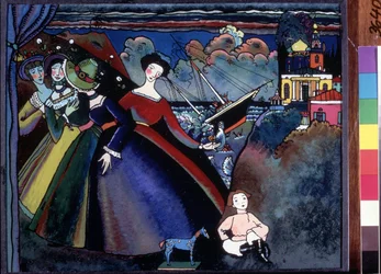 ""Statek"" Młode kobiety w porcie, w oddali wydaje się, że tonie łódź. Obraz Wassily Kandinsky (lub Wassily Kandinski lub Kandinskij