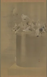 Gołębie w Senjoji (Świątynia Asakusa Kannon) Meiji Era, 1877 (tusz i kolor na jedwabiu)