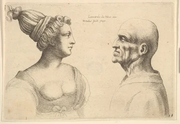 Kobieta z włosami związanymi do tyłu i łysy mężczyzna zwrócony do siebie, 1645.