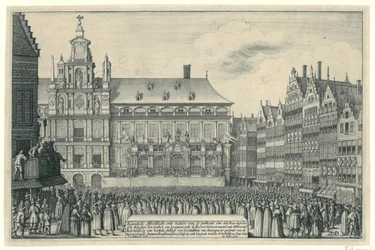 Proklamacja pokoju Munster w Antwerpii, 1648 Eygentlycke Przedstawiający sposób publikacji den Peys, pomiędzy syne Mayesteyt den Coninck van Spagnien i Heeren Staten Generael van de Vereenich[de] Nederlanden na Heerlyc
