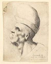 Popiersie zdeformowanego mężczyzny w bulwiastym kapeluszu z profilu po lewej, 1625-77.