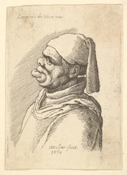 Popiersie zdeformowanego mężczyzny w kapeluszu i grubej, wystającej z profilu do lewej wargi, 1625-77.