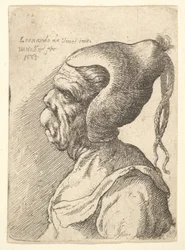 Popiersie zdeformowanej kobiety w stożkowatym kapeluszu i dwóch zwisających z profilu po lewej stronie warkoczy, 1665.