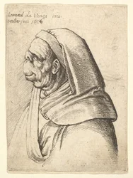 Popiersie mężczyzny z małym zadartym nosem i bardzo wysoką górną wargą, z kapturem, z profilu..., 1666.