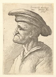 Popiersie starszego mężczyzny z nosem, który styka się z dolną wargą, noszącego szeroki kaszkiet o profilu t..., 1665.