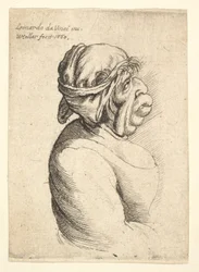 Popiersie kobiety z wystającymi ustami, ubranej w wydekoltowaną sukienkę i materiał przewiązany wokół głowy..., 1660.