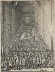 Wnętrze Izby Lordów w sesji, Pałac Westminsterski, Londyn, ok. 1650
