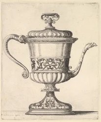 Dzbanek z pokrywką, grawerowany w arabeski, wąski dziobek do prawej zakończony wężem..., 1625-77.