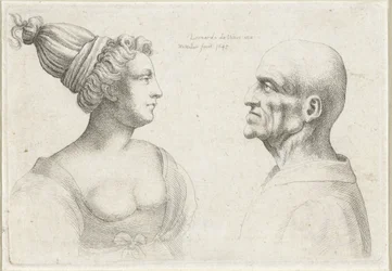 Głowy łysego mężczyzny i kobiety w turbanach Varie figurae et probae (tytuł serii) Karykatury, głowy i deformacje wg Leonarda da Vinci (tytuł serii)