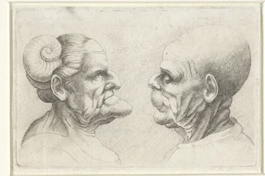 Zdeformowane głowy łysego mężczyzny i kobiety z rogami na głowie Varie figurae et probae (tytuł serii) Karykatury, głowy i deformacje wg Leonarda da Vinci (tytuł serialu)