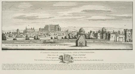 Pałac św. Jakuba i część miasta Westminster od północnej strony Pall Mall w 1660, grawerowane przez Richarda Sawyera, opublikowane 1809