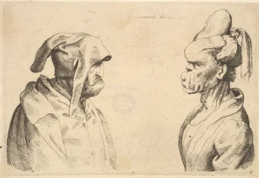 Dwie zdeformowane głowy zwrócone do siebie, 1625-77.