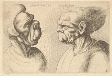 Dwie zdeformowane głowy skierowane do wewnątrz, 1625-77.