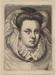 Kobieta w białym welonie i czarnym kapeluszu (Maria Stuart?)