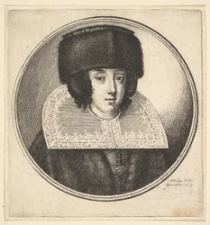 Kobieta ze sztywnym koronkowym kołnierzem i futrzanym kapeluszem z płaską koroną, 1645.