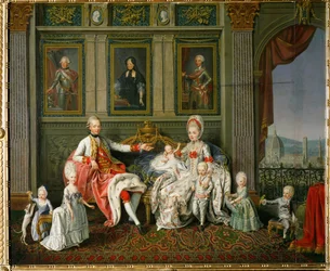 Piero Leopoldo, książę Toskanii, późniejszy cesarz Leopold II, jego żona Maria Ludovica, infantka Hiszpanii, i sześcioro z ich 16 dzieci (obraz na płótnie)