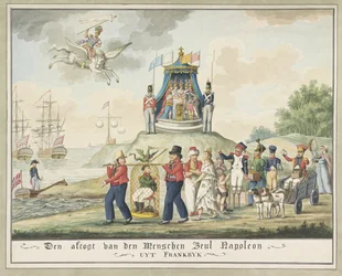 Wygnanie Napoleona na Elbę, 1814 Den aftogt van den Menschen Executioner Napoleon z Francji (tytuł na obiekcie)