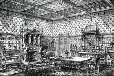 Projekt gotyckiej jadalni, opublikowany w The House-Furnisher & Decorator, 1 września 1872