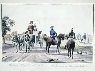 Jazda konna w parku Prater w Wiedniu, rycina Adam von Bartsch (1757-1821) 1804 (kolorowa rycina)