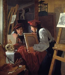 Młody artysta (Ditlev Blunck) bada szkic w lustrze