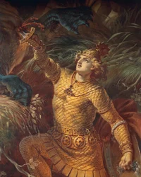 Sigurd zabija smoka Fafnira mieczem Gram, detal, z Sagi o Sigurdzie, Dolna Sala, około 1882-83 (malowidło ścienne)