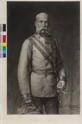 Franciszek Józef I w mundurze galowym marszałka polnego, czapka galowa z daszkiem.