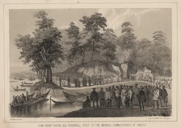 Kom. Perry składa swoją pożegnalną wizytę cesarskim komisarzom w Simoda, 1855 r