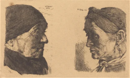 Portret starej chłopki z prawego profilu oraz chłopka z zamkniętymi oczami