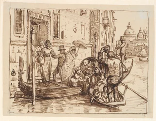 Wysiadając z gondoli w Canal Grande w Wenecji. W tle Santa Marie delle Salute