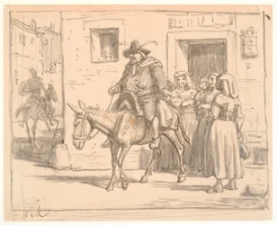 Don Kichot i Sancho Pansa opuszczają tawernę
