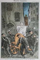 „Mussolini Triumphator”, karykatura z magazynu „Simplicissimus”, opublikowanego w Monachium, listopad 1925 (litografia kolorowa)