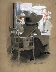 Portret kobiety siedzącej przy stole, ok. 1896 (akwarela, biało-czerwona tempera na graficie)