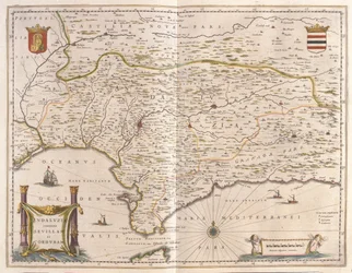 Andaluzja i miasto Sewilla, Cieśnina Gibraltarska, w "Theatrum Orbis Terrarum, sive Atlas Novus" Willema Blaeu, Amsterdam