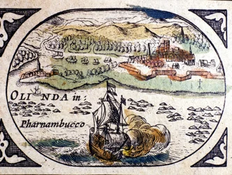 Brazylia, widok Pernambuco (Recife), Atlas W.G. Blaeu, Amsterdam 1600.