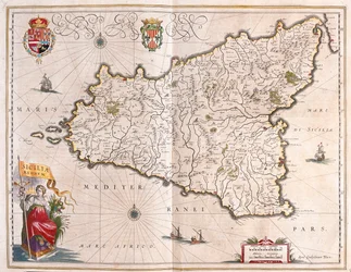 Wyspa Sycylia, Włochy, w "Theatrum Orbis Terrarum, sive Atlas Novus" Willema Blaeu, Amsterdam