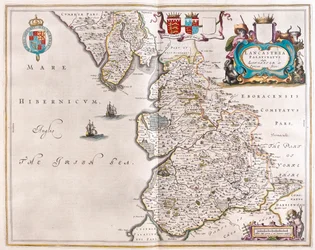 Lancaster i Lancastshire, w "Theatrum Orbis Terrarum, sive Atlas Novus" Willema Blaeu, Amsterdam