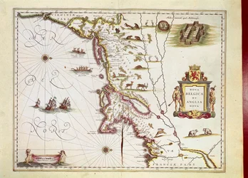 Mapa Nova Belgica lub New Belgium i Anglia Nova lub New England autorstwa Willema Janszoon Blaeu