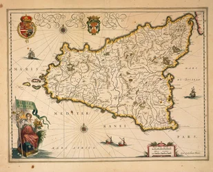 Mapa Sycylii, autorstwa Willema Blaeu, z Regionum Italiae, rycina