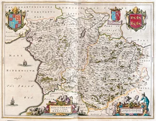 Montgomery i merioneth, w "Theatrum Orbis Terrarum, sive Atlas Novus" Willema Blaeu, Amsterdam