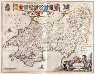 Pembrokrshire i carmarthenshire, w "Theatrum Orbis Terrarum, sive Atlas Novus" Willema Blaeu, Amsterdam