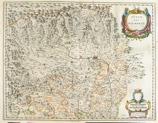 Piemont, Dolina Aosty i Liguria, Włochy, w "Theatrum Orbis Terrarum, sive Atlas Novus" Willema Blaeu, Amsterdam