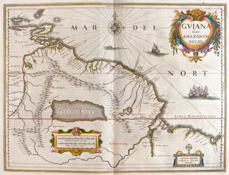 Rzeka Orinoko, Rio Amazzonas, Wenezuela, północno-wschodnia Brazylia, w "Theatrum Orbis Terrarum, sive Atlas Novus" Willema Blaeu, Amsterdam