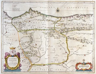 Hiszpańska prowincja Asturia, Kastylia i Leon, w tym miasta Oviedo, Leon, Santander, Valladolid, w "Theatrum Orbis Terrarum, sive Atlas Novus" Willema Blaeu, Amsterdam