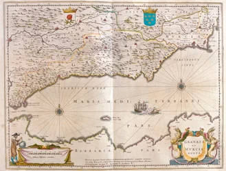 Cieśnina Gibraltarska do Alicante aż po dolinę Guagalquivir i Sewillę oraz wybrzeże Afryki Północnej, w "Theatrum Orbis Terrarum, sive Atlas Novus" Willema Blaeu, Amsterdam