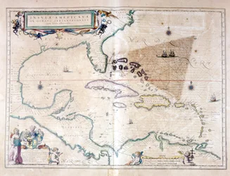 Morze Karaibskie: można zobaczyć trójkąt bermudzki między Archipelagiem Bermudzkim, Miami i Portoryko. Według Atlasu Wilhelma Blaeu