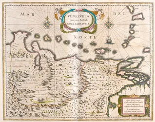 Wenezuela, Trynidad, Tobago, Tortuga, Antyle, Karaiby, w "Theatrum Orbis Terrarum, sive Atlas Novus" Willema Blaeu, Amsterdam