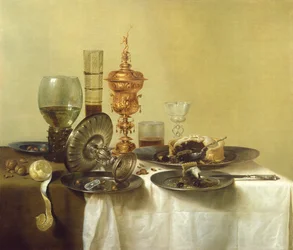 Martwa natura ze szklankami, talerzami i jedzeniem, 1638
