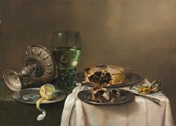 Wystawna martwa natura z roemerem, przewróconą srebrną tazzą, do połowy obraną cytryną na cynowym talerzu, pasztetem, zegarem i nożem, 1631